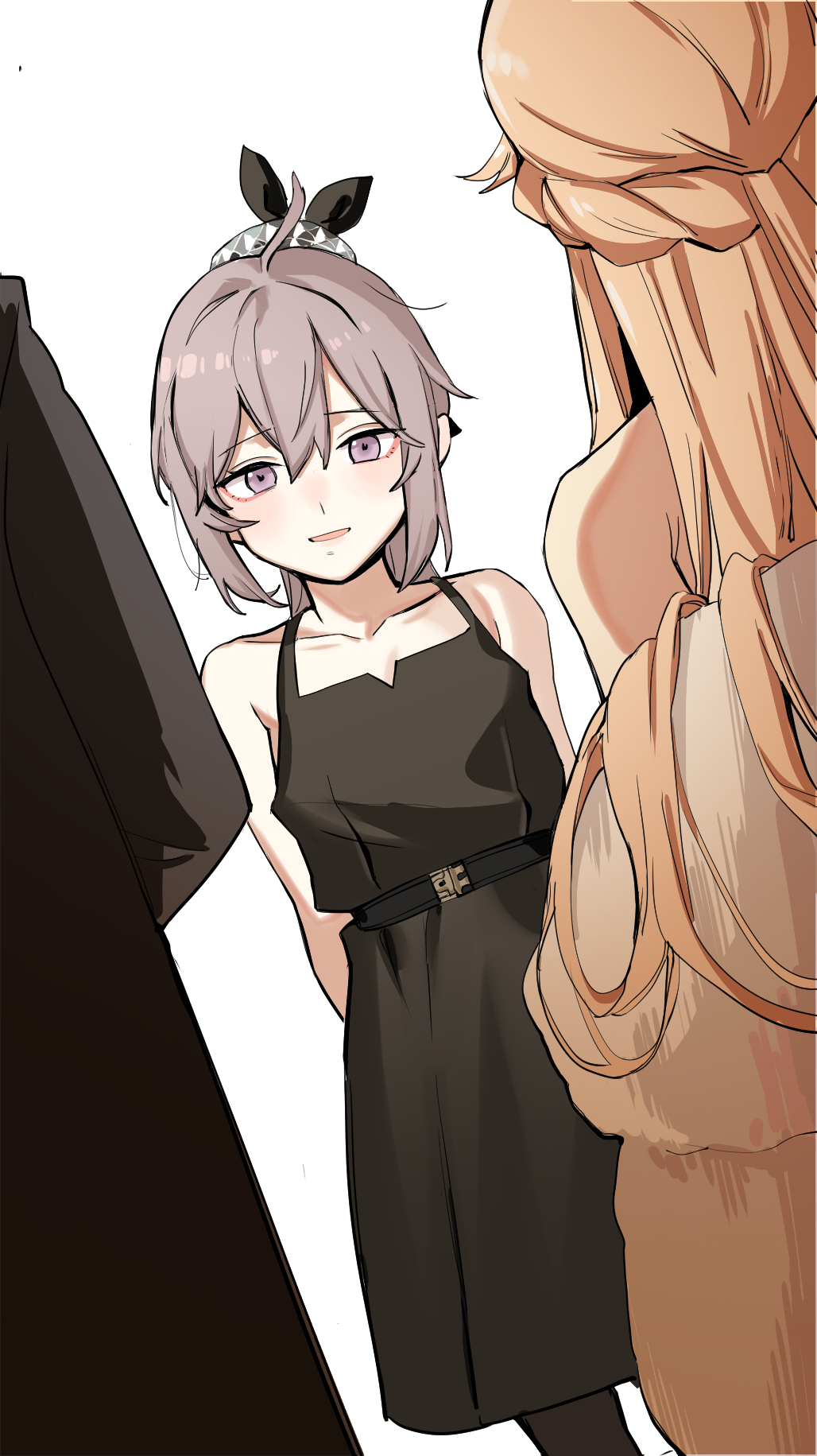1boy, 2girls, ahoge, banssee, belt, black_dress, black_legwear, blush, collarbone, commander_(girls_frontline), dress, eyebrows_visible_through_hair, girls_frontline, grey_hair, hair_ribbon, hands_on_own_back, highres, long_hair, looking_at_viewer, m200_(girls_frontline), multiple_girls, open_mouth, ots-14_(girls_frontline), ribbon, thigh-highs, violet_eyes, white_background