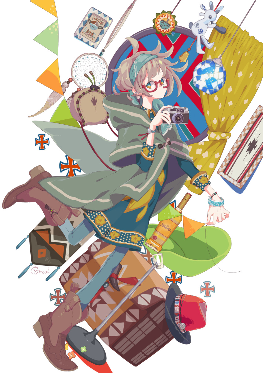 1girl, absurdres, alcohol, artist_name, bandana, blue_dress, boots, bottle