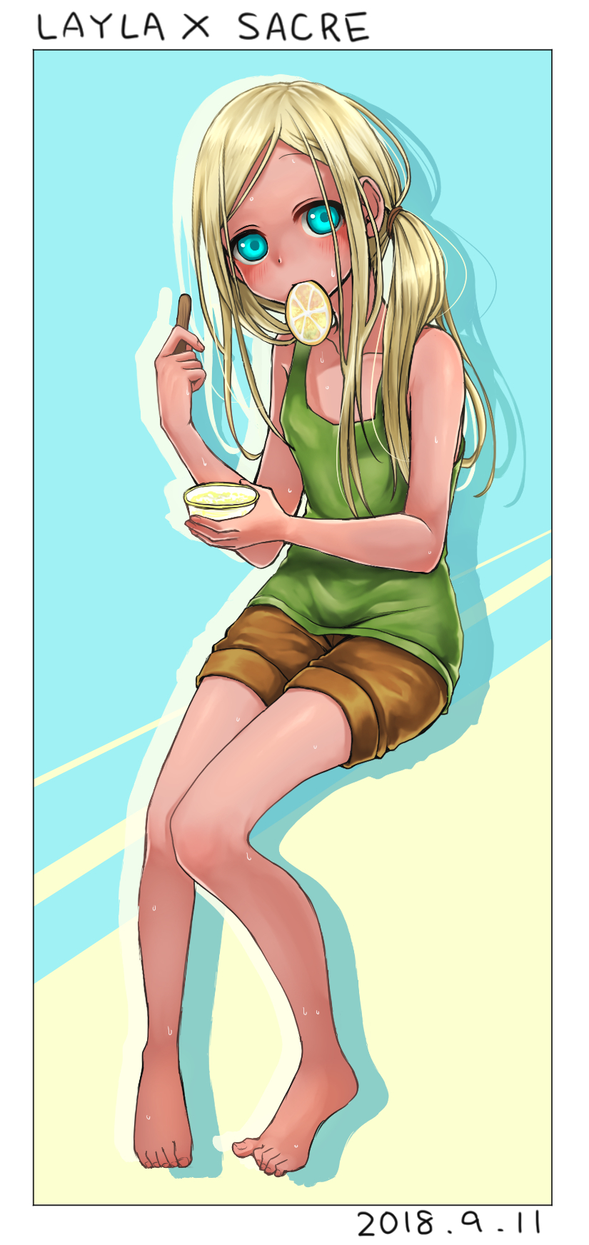 1girl, 2018, bare_arms, bare_legs, bare_shoulders, barefoot, blonde_hair, blue_eyes
