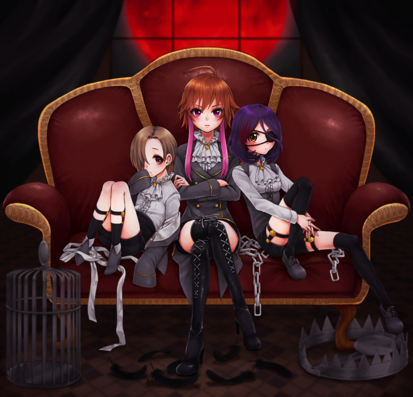 3girls, :|, absurdres, ahoge, alternate_hair_color, birdcage, black_legwear, black_shorts