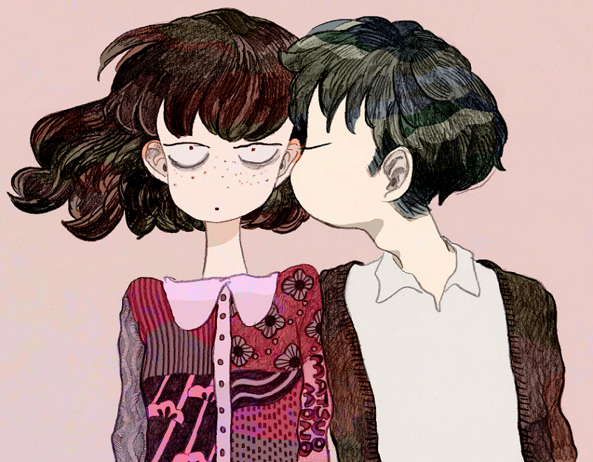 1boy, 1girl, bags_under_eyes, bangs, black_hair, brown_hair, closed_eyes, closed_mouth