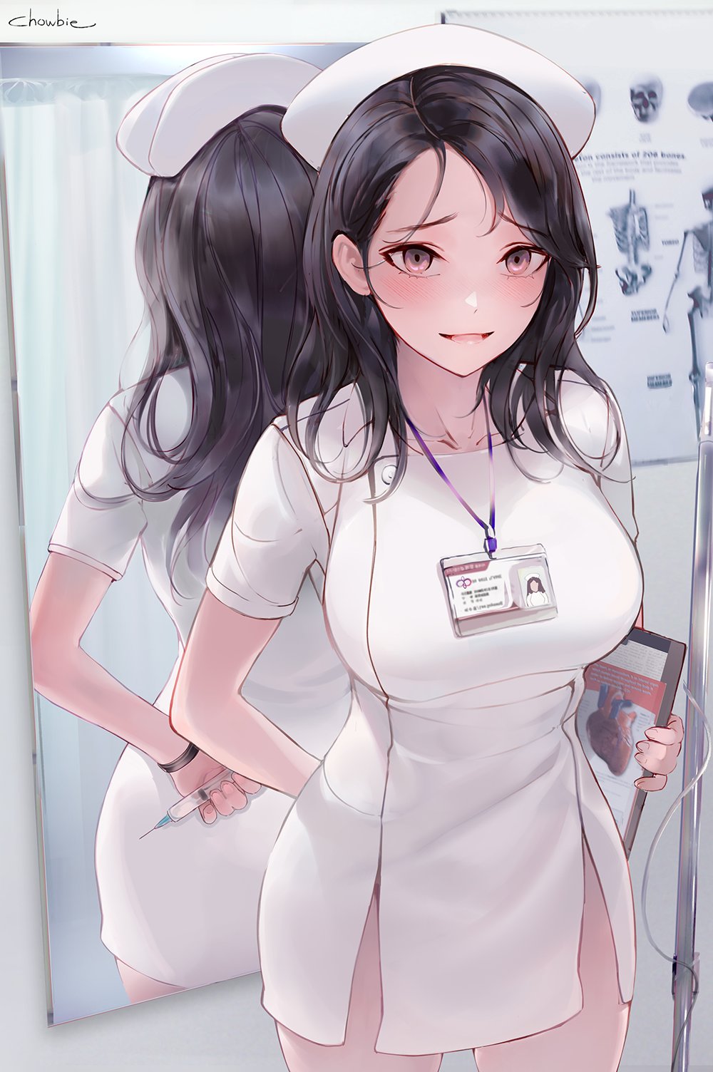 1girl, :d, arm_behind_back, bangs, black_hair, blush, breasts, chowbie