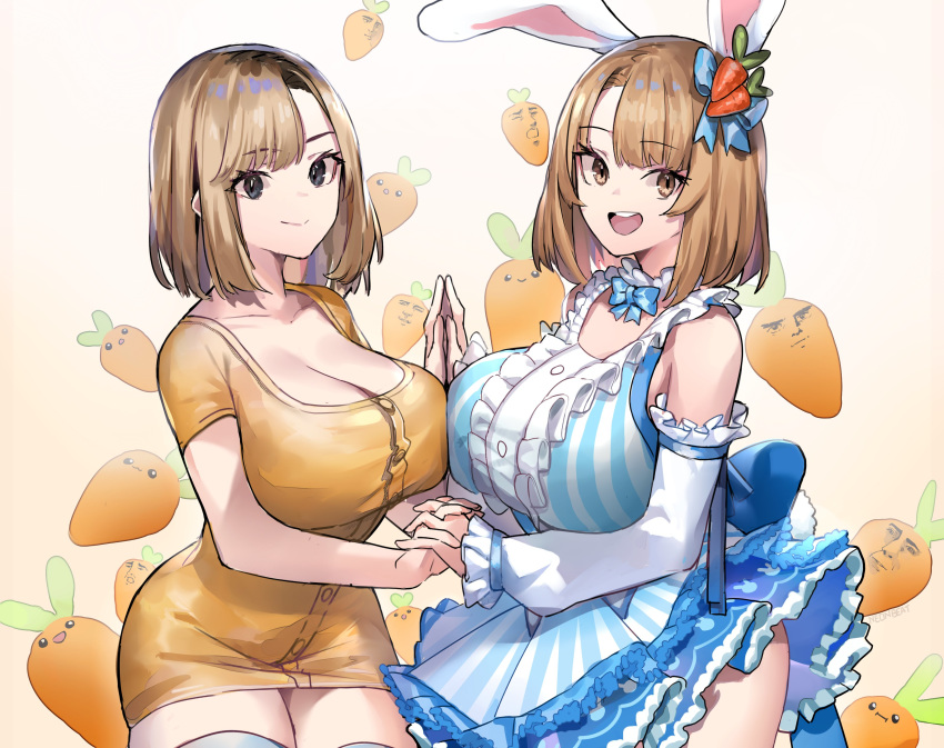 2girls, :3, :d, :o, absurdres, animal_ears, black_eyes, blue_bow
