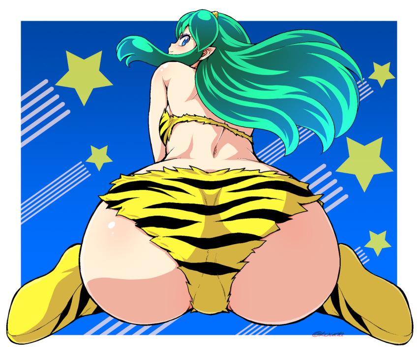 animal_print, ass, back, bikini, blue_eyes, body_blush, from_behind, green_hair