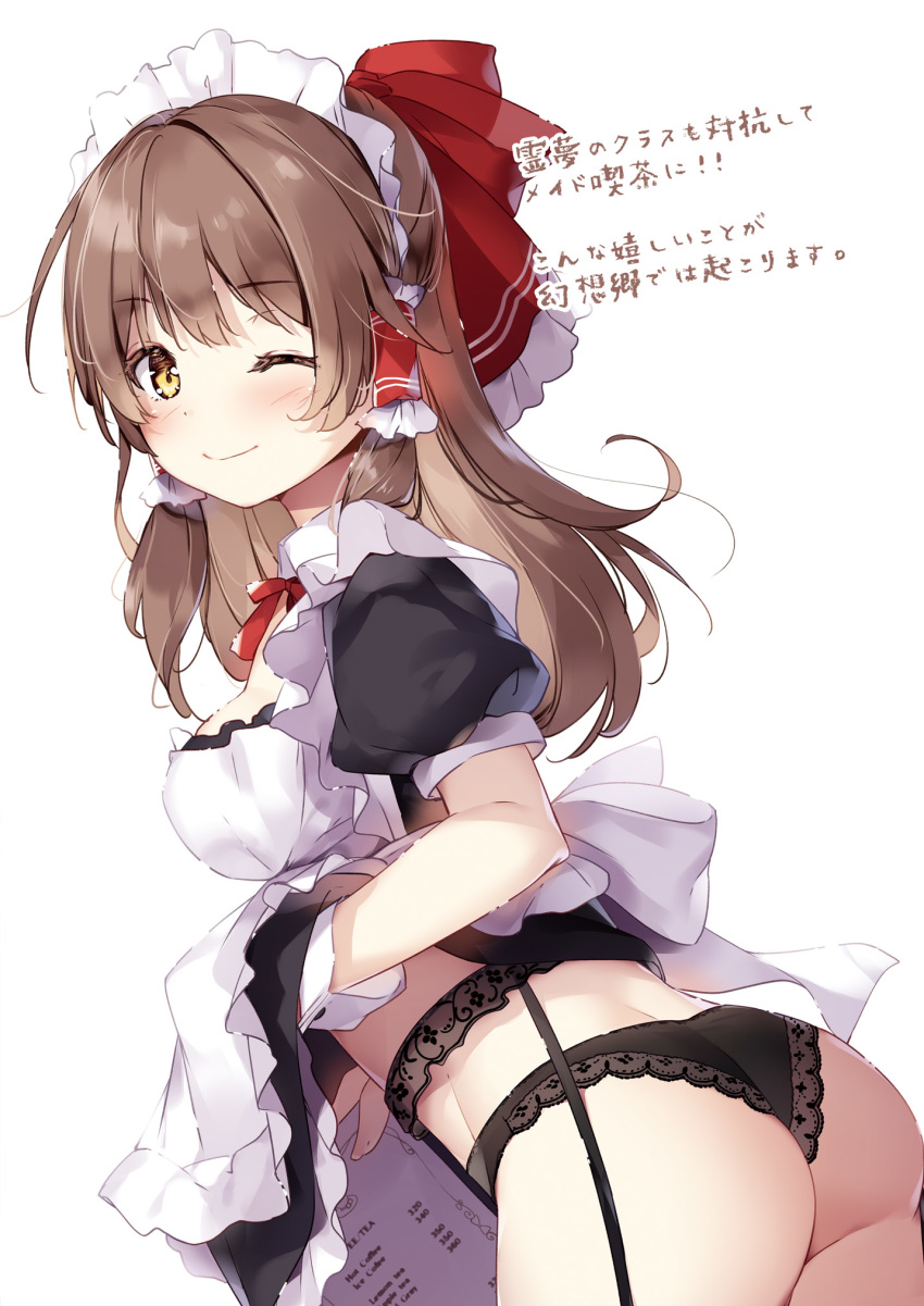 ass, bangs, black_panties, bow, brown_eyes, brown_hair, garter_belt, garter_straps
