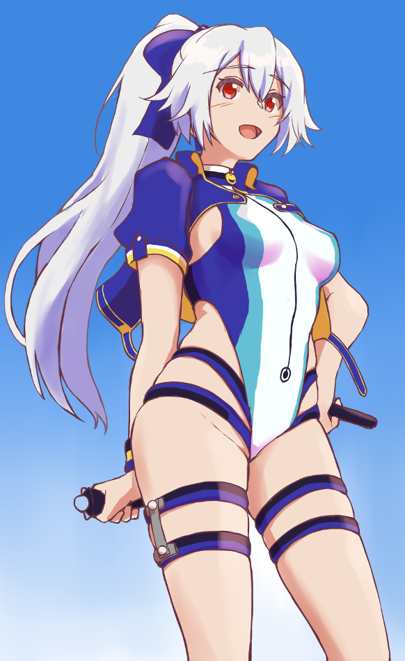 1girl, :d, alternate_breast_size, blue_background, blue_bow, blue_jacket, blue_swimsuit, blush