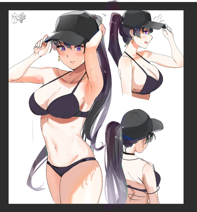 1girl, asymmetrical_bangs, bangs, baseball_cap, bikini, black_bikini, black_hair, blue_headwear, blush, breasts, earrings, glory_emblem, hat, high_ponytail, jewelry, large_breasts, long_hair, looking_at_viewer, multiple_views, ormille, ponytail, smile, swimsuit, thighs, violet_eyes, wendy_(glory_emblem), white_background