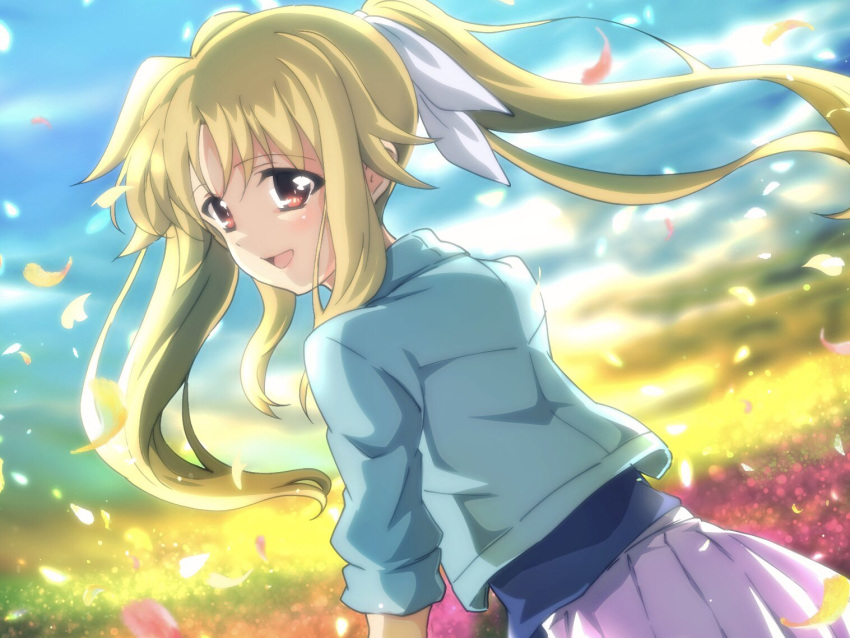 1girl, backlighting, bangs, blonde_hair, blue_shirt, blue_sky, blurry, blurry_background