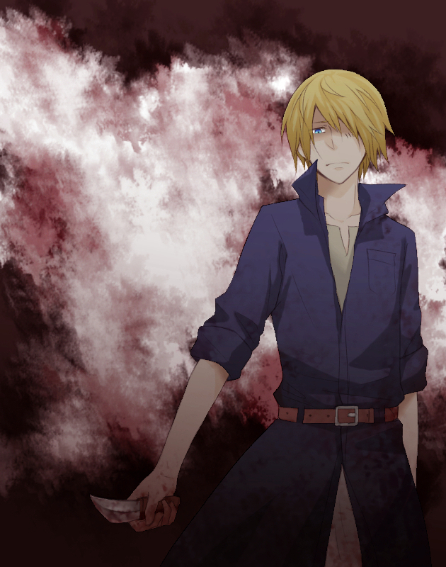 1boy, belt, blonde_hair, blue_eyes, facial_scar, hair_over_one_eye, holding, holding_weapon