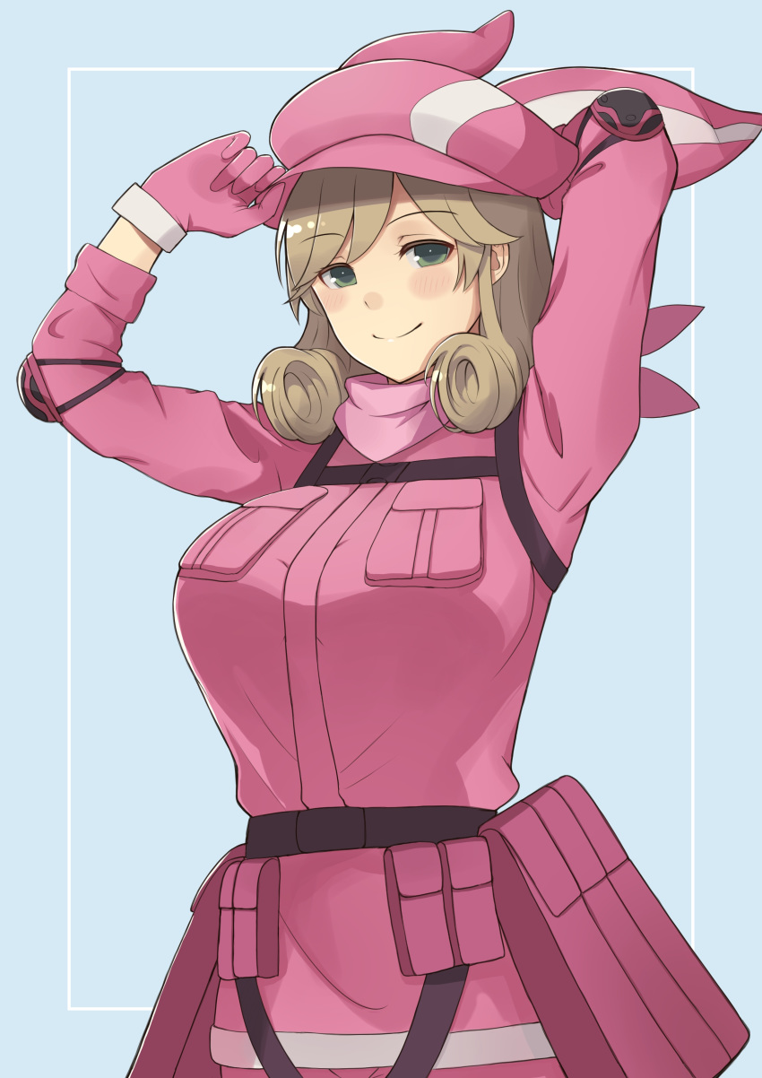 1girl, absurdres, adjusting_clothes, adjusting_hat, alternate_costume, bangs, blush, bow, breasts, brown_hair, cosplay, elbow_pads, eyebrows_visible_through_hair, green_eyes, haruka_(senran_kagura), hat, highres, large_breasts, lemonrou, llenn_(sao), llenn_(sao)_(cosplay), looking_at_viewer, scarf, senran_kagura, short_hair, smile, solo, sword_art_online, sword_art_online_alternative:_gun_gale_online