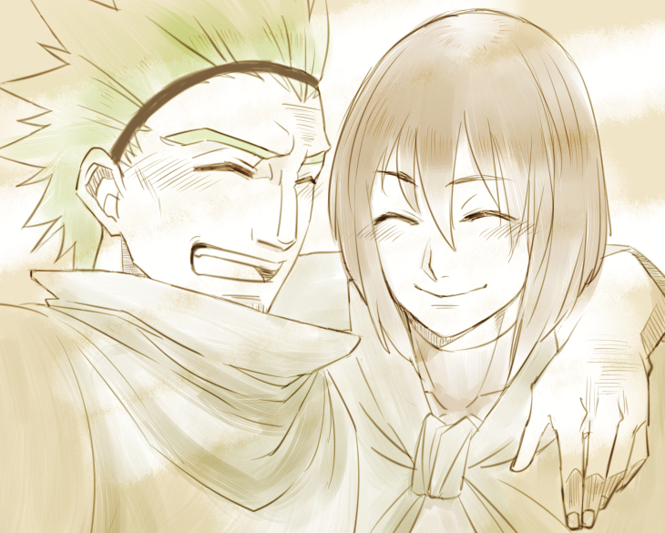 2boys, arm_around_shoulder, brothers, closed_eyes, gannen_harst, green_hair, hairband, multiple_boys, poncho, redhead, short_hair, siblings, smile, the_saga_of_darren_shan, vancha_march, younger