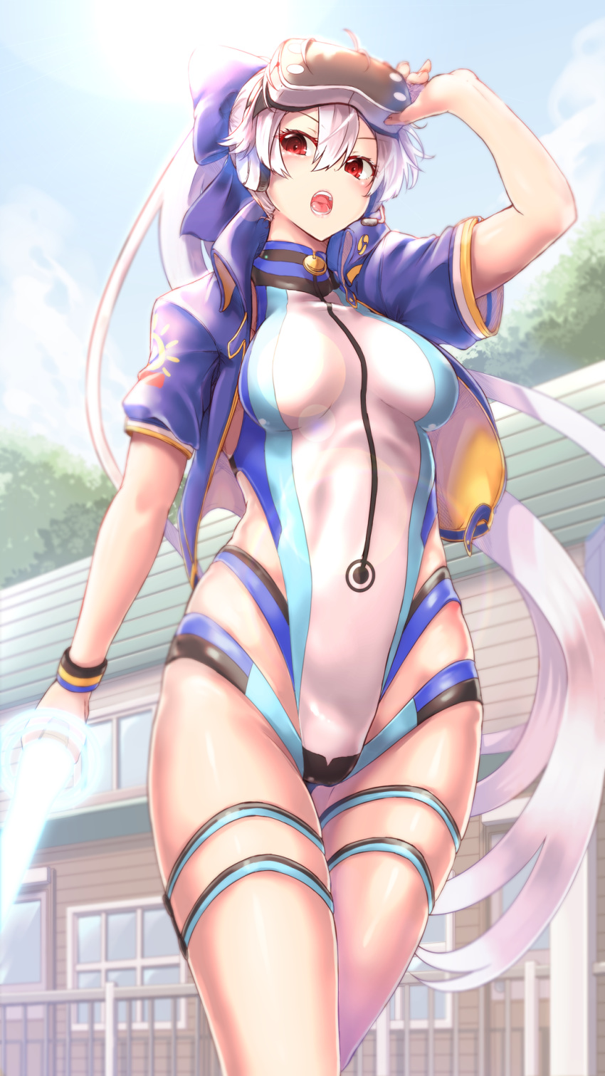 1girl, :o, adjusting_goggles, blue_bow, blue_jacket, blue_sky, blue_swimsuit, bow