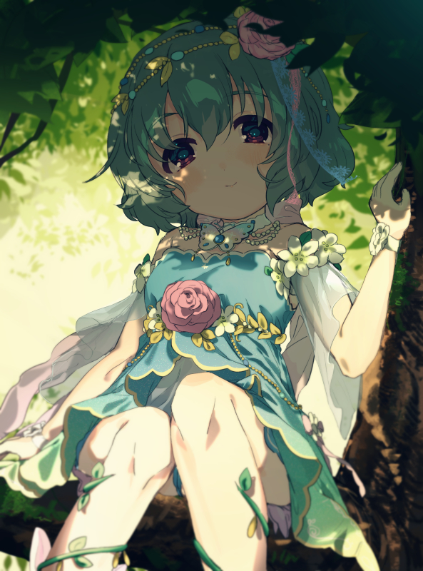 1girl, arm_at_side, bangs, dress, flower_ornament, grey_hair, hair_ornament, idolmaster, idolmaster_cinderella_girls, idolmaster_cinderella_girls_starlight_stage, in_tree, jewelry, narumiya_yume, neck_ring, red_eyes, short_hair, sitting, sitting_in_tree, smile, social_kasu_(mob_oji_katu), solo, strapless, strapless_dress, tree, tree_shade