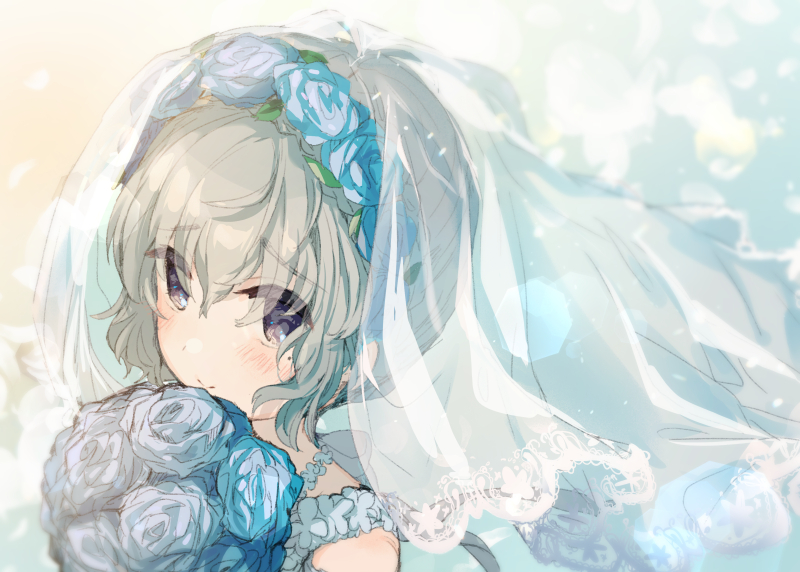 1girl, bangs, black_eyes, blue_flower, blue_rose, bouquet, bridal_veil, eyebrows_visible_through_hair