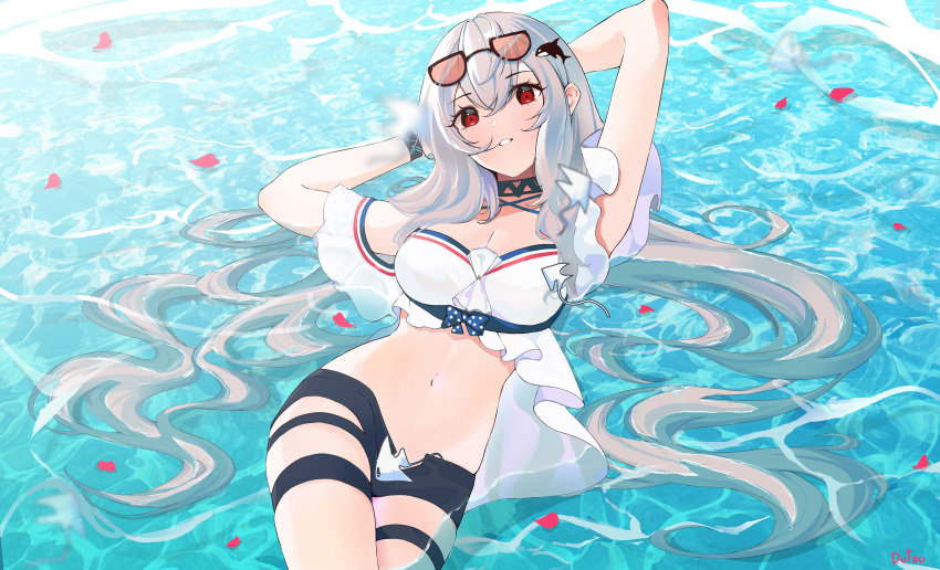 1girl, arknights, arms_behind_head, arms_up, bangs, bare_shoulders, black_shorts, commentary_request