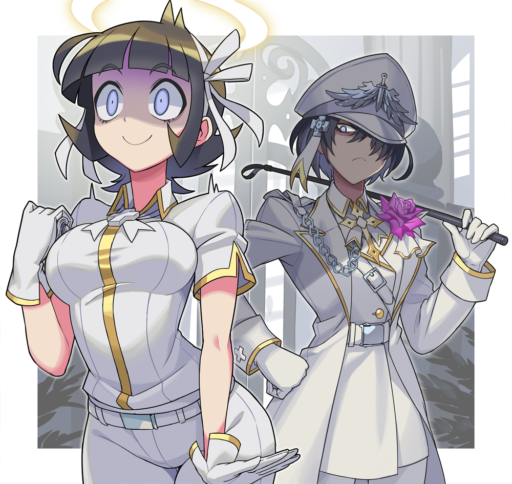 2girls, angel, archangel_(helltaker), arm_at_side, azazel_(helltaker), bangs, belt, black_hair, blue_eyes, blunt_bangs, breasts, coat, colored_inner_hair, commentary_request, cowboy_shot, cross, epaulettes, eyebrows_visible_through_hair, flower, frown, gloves, hair_over_one_eye, hair_ribbon, hairband, halo, hand_on_hip, hand_up, hat, helltaker, holding, kk_aa_nn_ii, leaning_forward, long_sleeves, looking_at_another, looking_at_viewer, medium_breasts, multicolored_hair, multiple_girls, pants, purple_flower, purple_hair, ribbon, riding_crop, serious, shaded_face, shirt, short_hair, short_sleeves, smile, standing, surprised, uniform, white_belt, white_coat, white_gloves, white_hairband, white_pants, white_sleeves, wide-eyed