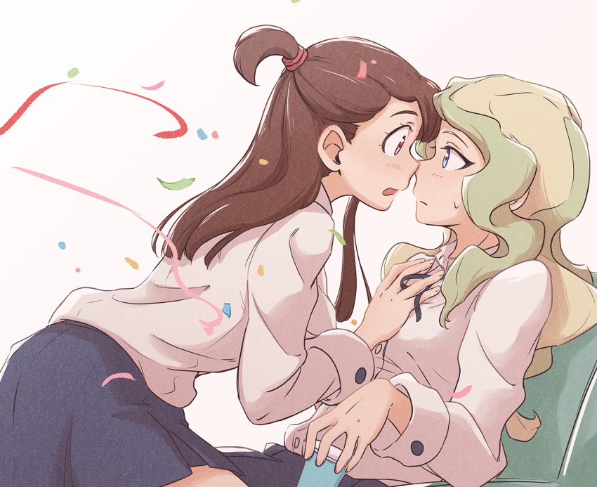 2girls, birthday, blonde_hair, blue_eyes, blush, brown_hair, couple, diana_cavendish