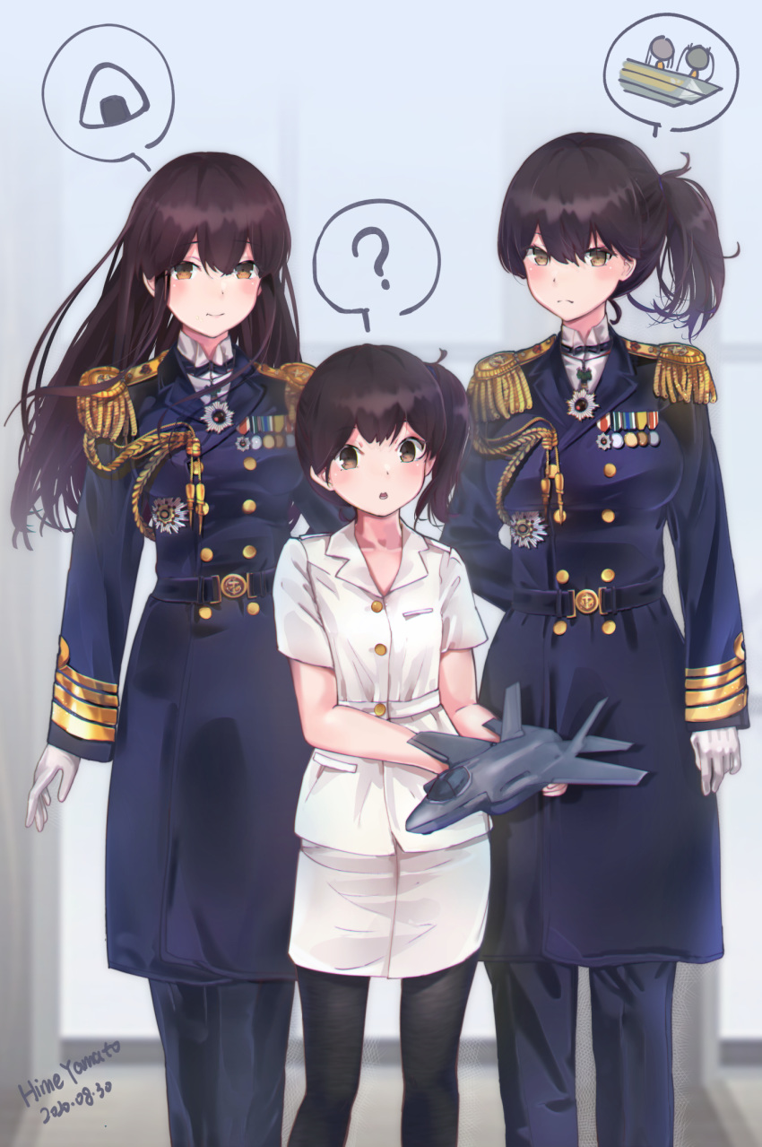 3girls, aiguillette, akagi_(kantai_collection), brown_eyes, brown_hair, f-35_lightning_ii, food, gloves