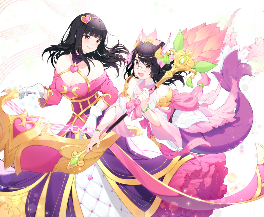 2girls, black_hair, commission, cosplay, dress, gloves, googles, hair_ornament