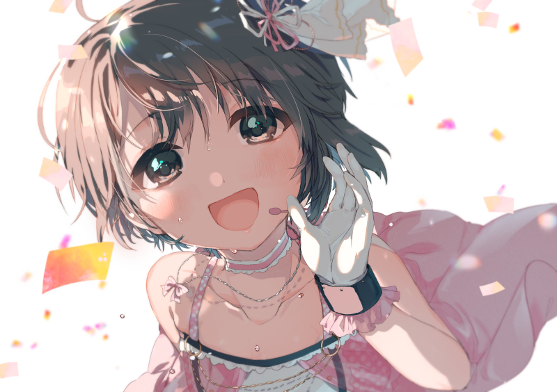 1girl, bangs, bare_shoulders, black_eyes, black_hair, blush, choker, collarbone
