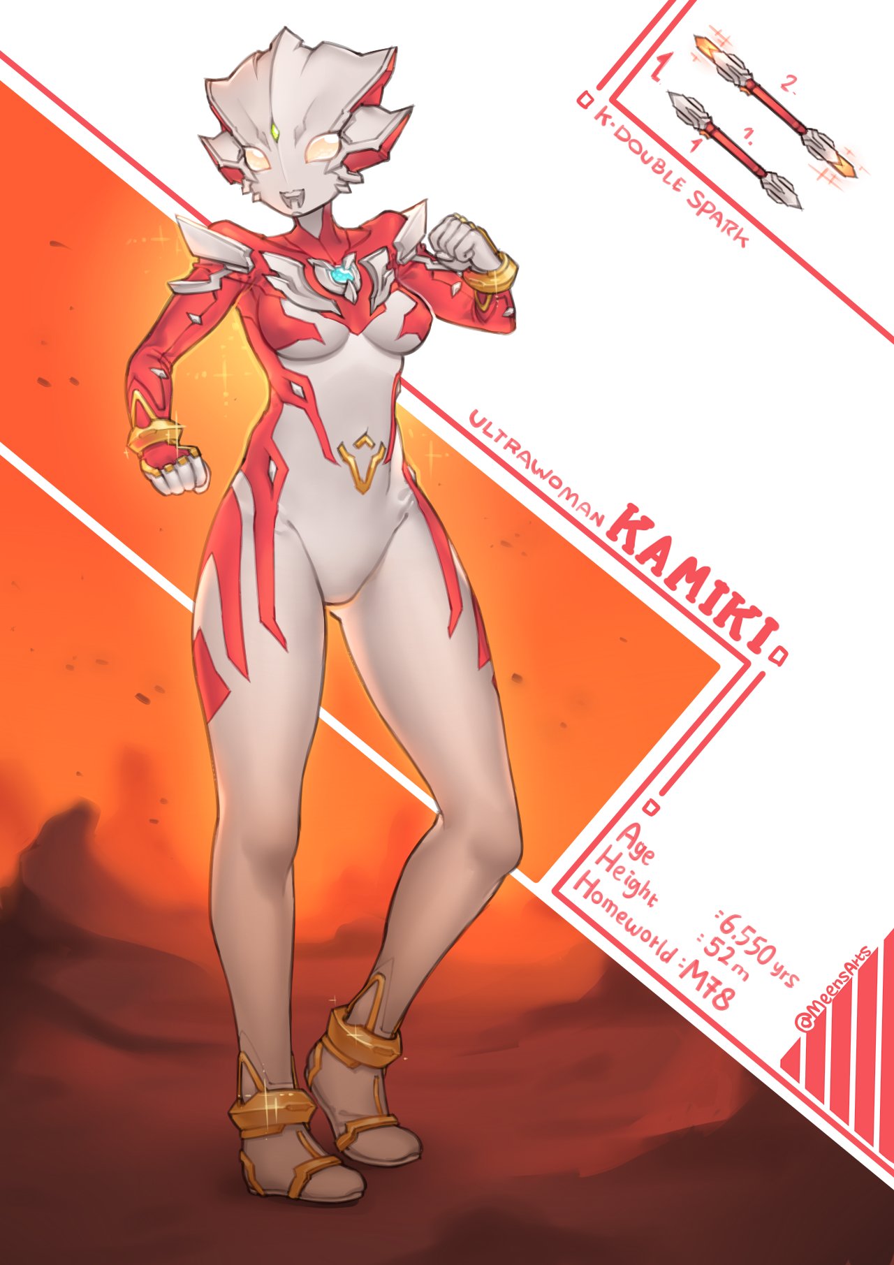 1girl, alien, breasts, character_age, character_name, clenched_hands, english_commentary, highres