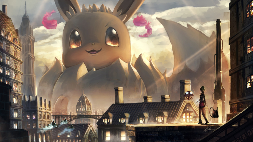 bridge, building, city, clouds, day, eevee, flyaspring4, gen_1_pokemon