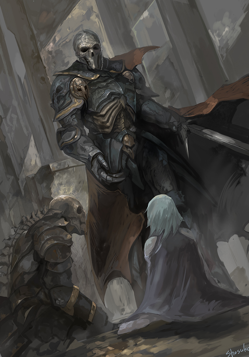 1girl, 2boys, ambiguous_gender, armor, blue_cape, blue_hair, breastplate, brown_cape