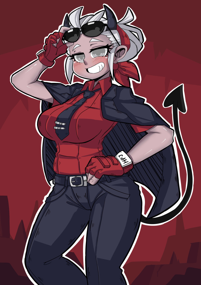 1girl, absurdres, belt, black_horns, black_neckwear, black_pants, blind, breasts