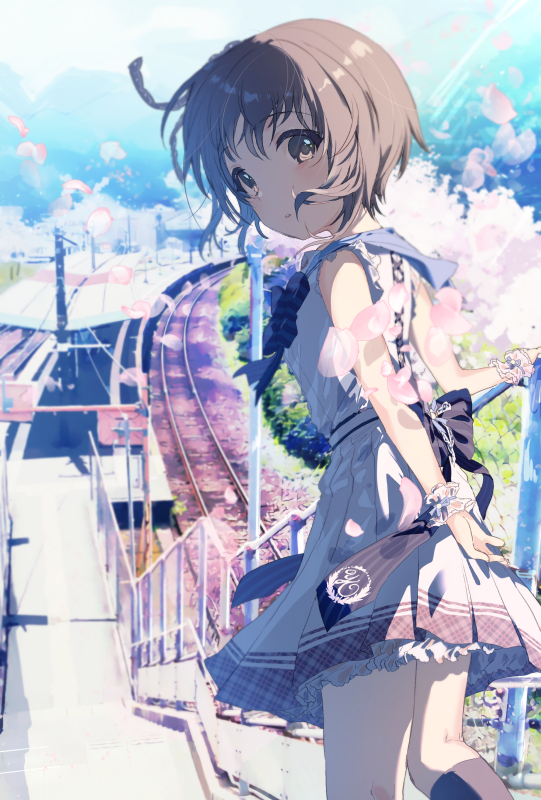 1girl, arms_behind_back, bangs, black_eyes, black_legwear, bow, brown_hair, commentary_request