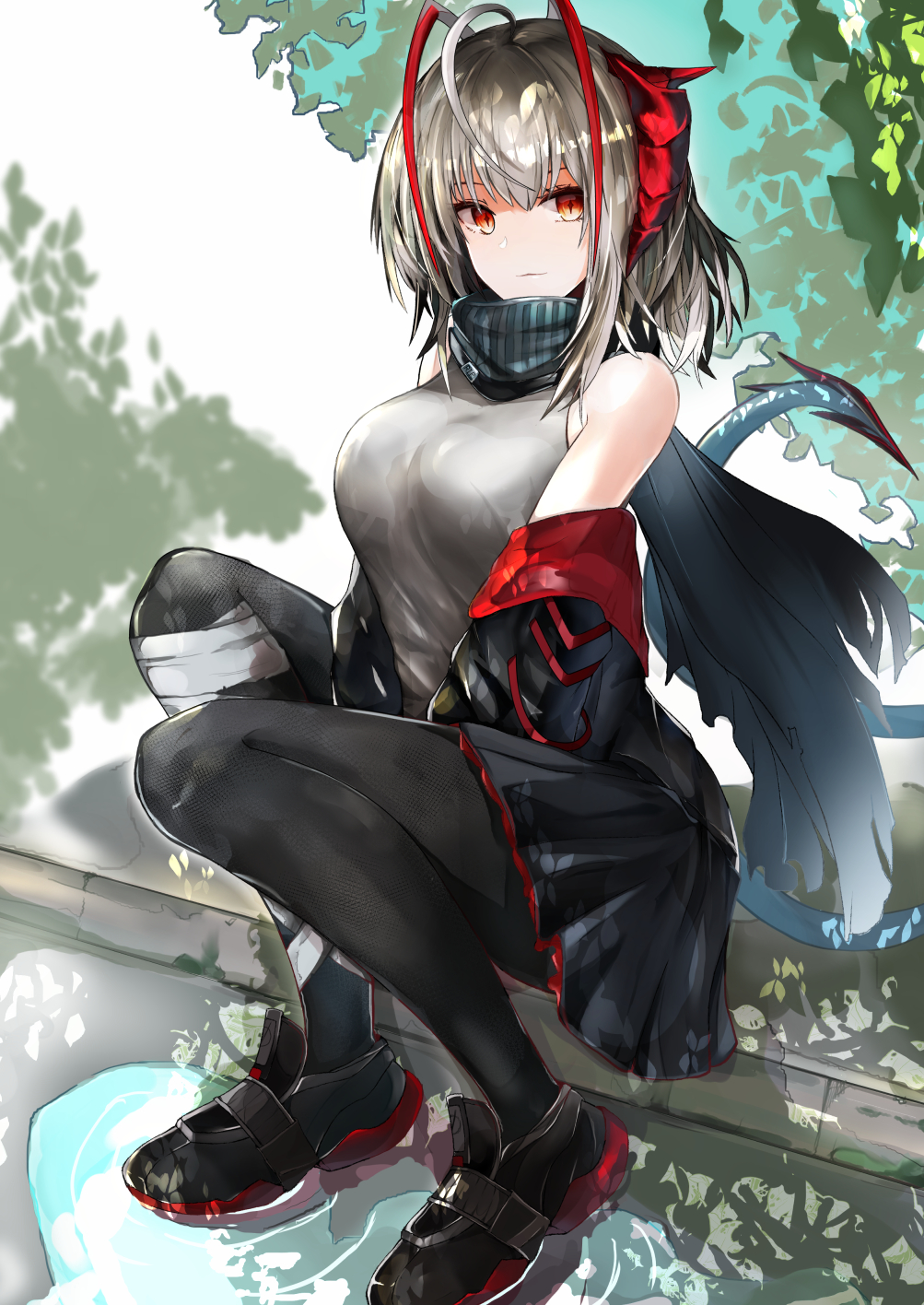 1girl, ahoge, akasabi, antennae, arknights, bandaged_leg, bandages, bare_shoulders