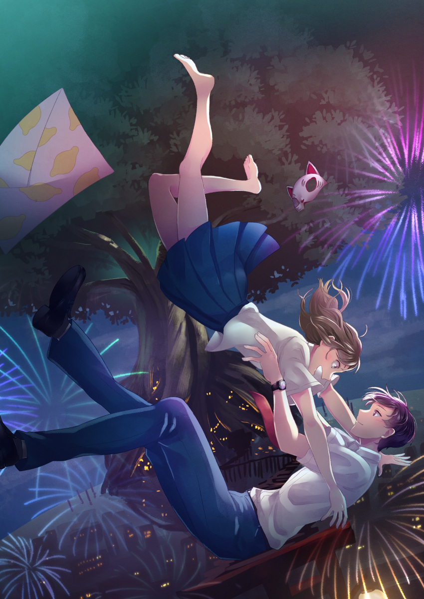 1boy, 1girl, :d, absurdres, barefoot, black_footwear, blue_pants, blue_skirt, envelope, eye_contact, fireworks, hetero, highres, huge_filesize, imminent_hug, kento_hinode, looking_at_another, mask, mask_removed, midair, miyo_sasaki, nakitai_watashi_wa_neko_wo_kaburu, necktie, night, open_mouth, outdoors, pants, school_uniform, shirt, skirt, smile, torii, tree, watch, watch, white_shirt, z_hiiragi