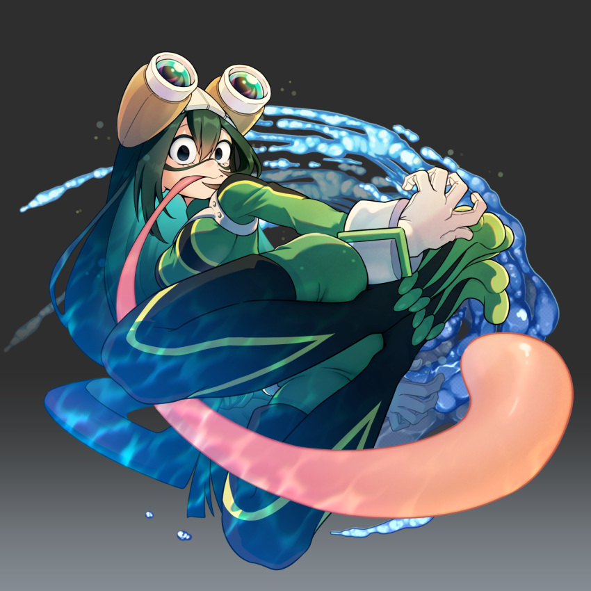 1girl, :>, abiko_yuuji, ass, asui_tsuyu, bangs, black_eyes, black_hair