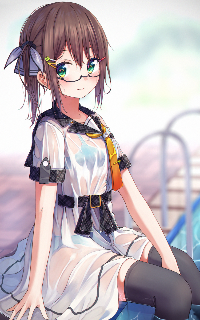 1girl, bangs, belt, belt_buckle, between_legs, black-framed_eyewear, black_legwear, blue_bra, blue_panties, blurry, blurry_background, blush, bra, bra_through_clothes, breasts, brown_hair, buckle, closed_mouth, clover_hair_ornament, commentary_request, depth_of_field, dress, eyebrows_visible_through_hair, feet_out_of_frame, four-leaf_clover_hair_ornament, glasses, green_eyes, grey_belt, grey_ribbon, grey_sailor_collar, hair_between_eyes, hair_ornament, hair_ribbon, hairclip, hand_between_legs, highres, looking_at_viewer, n2_(yf33), original, panties, plaid, plaid_sailor_collar, pool, pool_ladder, poolside, ribbon, sailor_collar, sailor_dress, see-through, semi-rimless_eyewear, short_sleeves, sidelocks, sitting, small_breasts, smile, solo, thigh-highs, under-rim_eyewear, underwear, wet, wet_clothes, wet_dress, white_dress