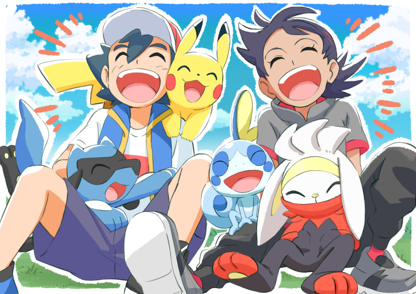 2boys, absurdres, bangs, baseball_cap, black_hair, black_pants, closed_eyes, clouds