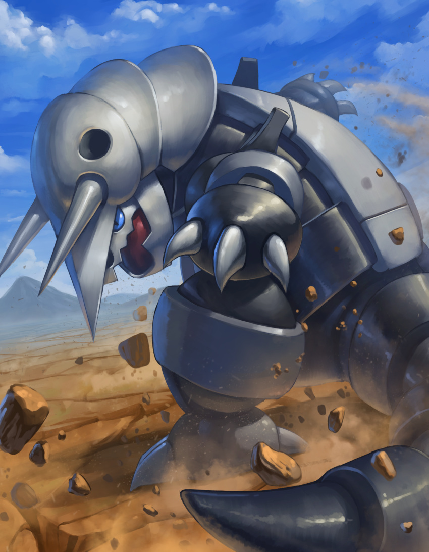 aggron, blue_sclera, claws, clouds, commentary_request, day, gen_3_pokemon, highres, horns, mountain, no_humans, open_mouth, outdoors, outstretched_arms, pokemon, pokemon_(creature), rock, sky, standing, supearibu, tongue