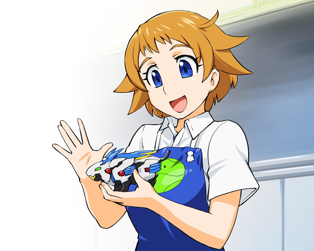 1girl, gundam, gundam_build_divers, holding, holding_toy, itou_kanae, model, nanase_nanami_(gundam_build_divers)