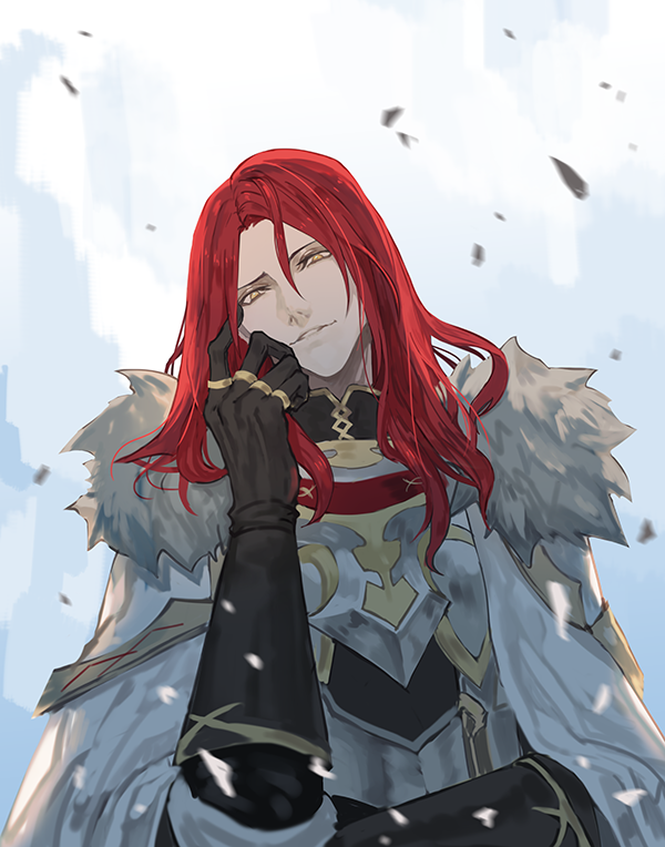 1boy, armor, bishounen, black_gloves, cloak, closed_eyes, fate/grand_order, fate_(series), fur_trim, gloves, hair_between_eyes, head_tilt, knight, long_hair, long_sleeves, looking_at_viewer, male_focus, open_eyes, redhead, simple_background, smirk, solo, tristan_(fate/grand_order), upper_body, white_background, white_cloak, yellow_eyes, yepnean