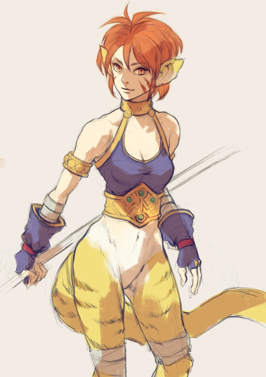 1girl, animal_ears, breasts, breath_of_fire, breath_of_fire_ii, bustier, cat_ears, cat_tail, closed_mouth, commentary, facial_mark, furry, gloves, highres, holding, kannoaki, looking_at_viewer, no_panties, no_pants, orange_hair, pointy_ears, rinpoo_chuan, short_hair, simple_background, smile, solo, staff, standing, tail