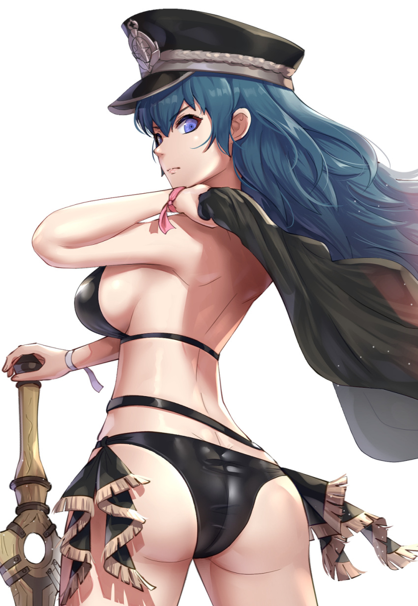 1girl, ass, bikini, black_bikini, blue_eyes, blue_hair, breasts, byleth_(fire_emblem)