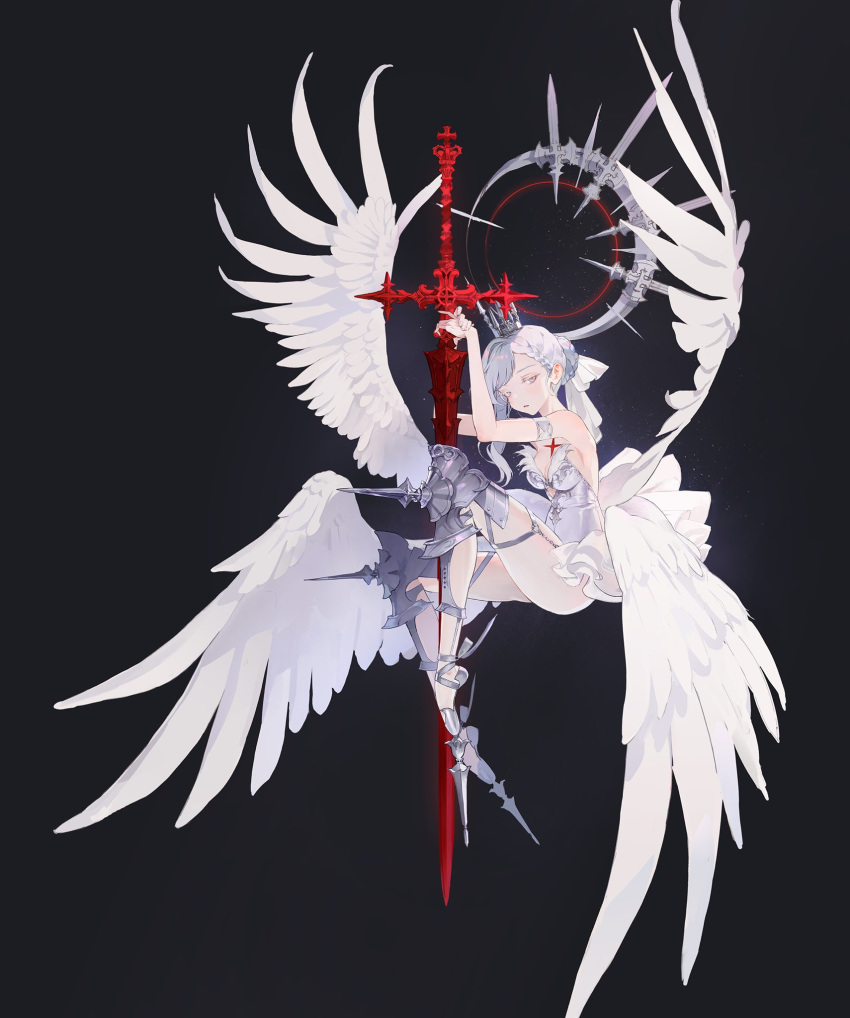 1girl, angel, angel_wings, armband, armor, arms_up, bare_shoulders, black_background