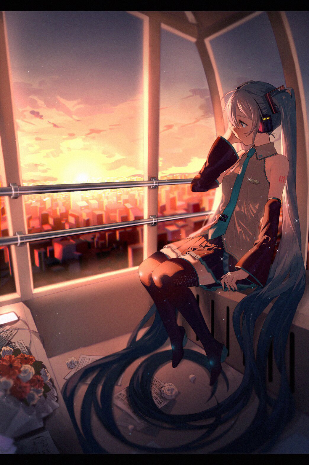 1girl, absurdly_long_hair, aqua_eyes, aqua_hair, arm_at_side, arm_up, bare_shoulders, black_legwear