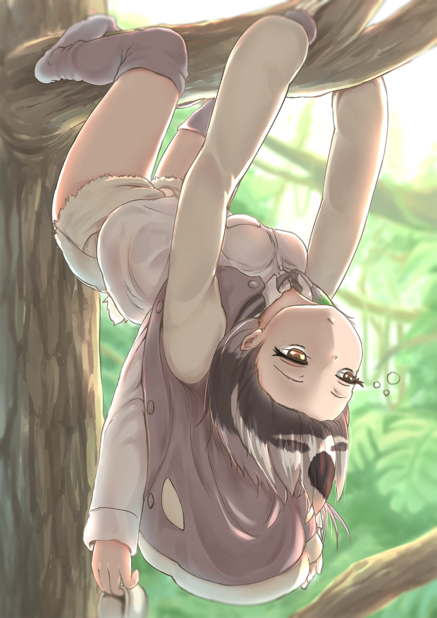 1girl, :/, black_hair, buttons, closed_mouth, cutoffs, day, forehead