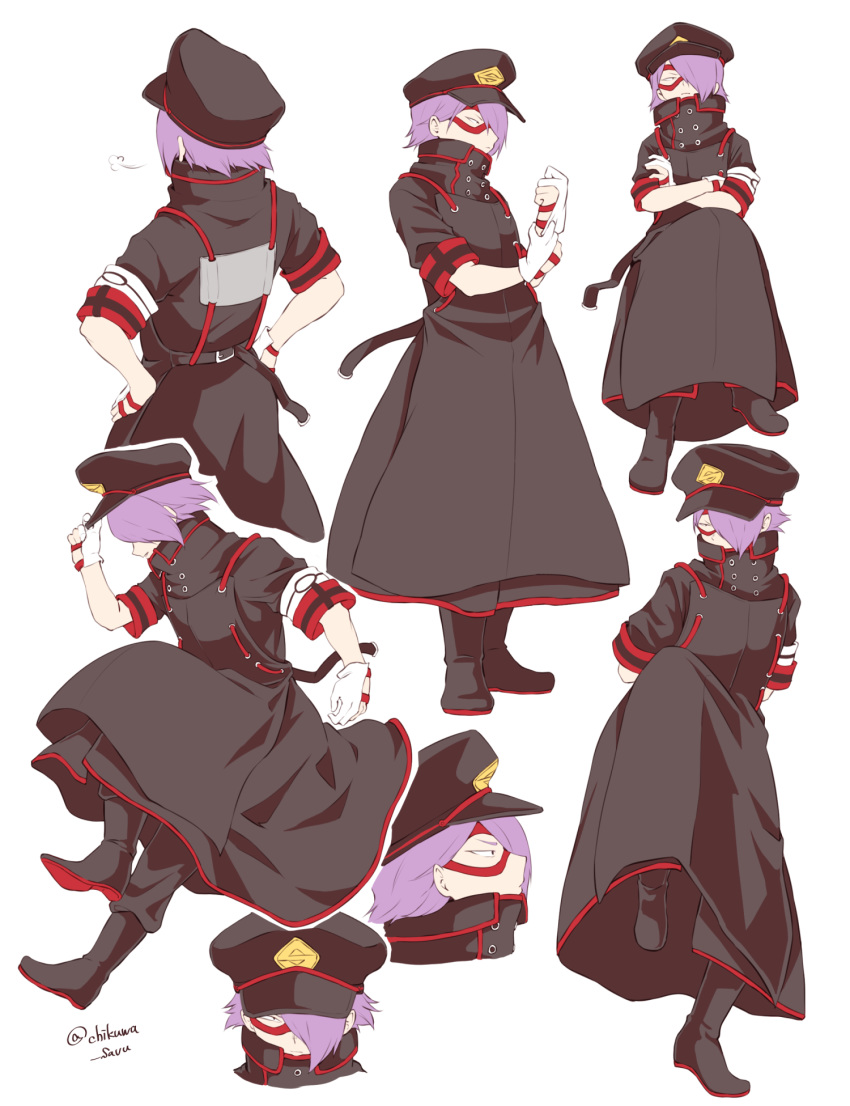1boy, arms_behind_back, artist_name, bangs, black_coat, black_footwear, black_hair, black_headwear