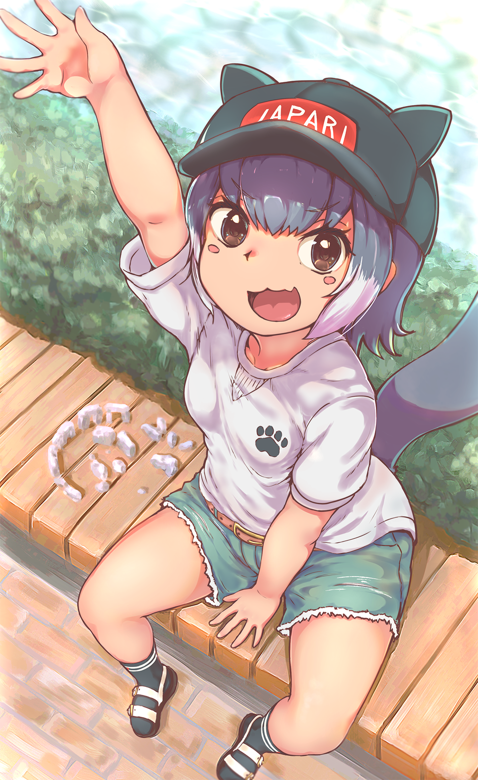 1girl, alternate_costume, arm_up, bangs, bare_arms, bare_legs, baseball_cap, belt