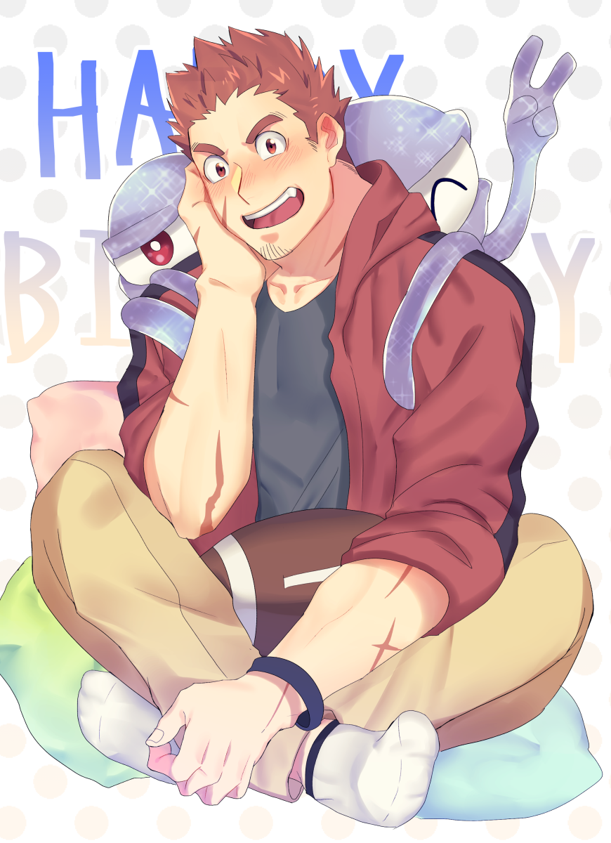 1boy, blush, bracelet, brown_eyes, brown_hair, crossed_legs, dark_skin, facial_hair