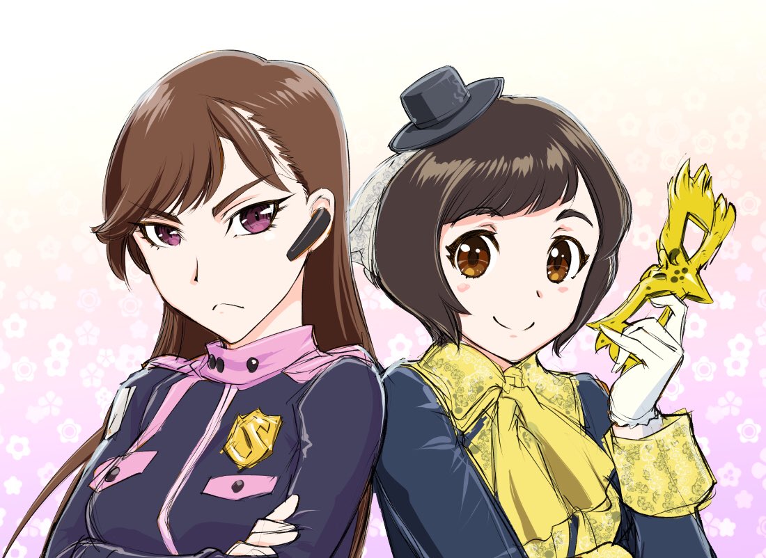 2girls, black_hair, breasts, brown_eyes, brown_hair, closed_mouth, gloves, hayami_umika