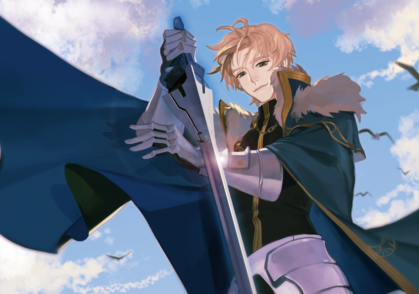 1boy, absurdres, animal, armor, bird, black_gloves, blonde_hair, blue_cape