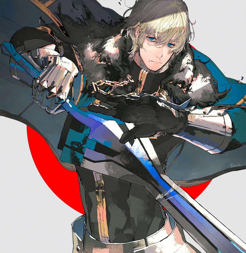 1boy, armor, artist_name, black_gloves, blonde_hair, blue_cape, blue_eyes, cape