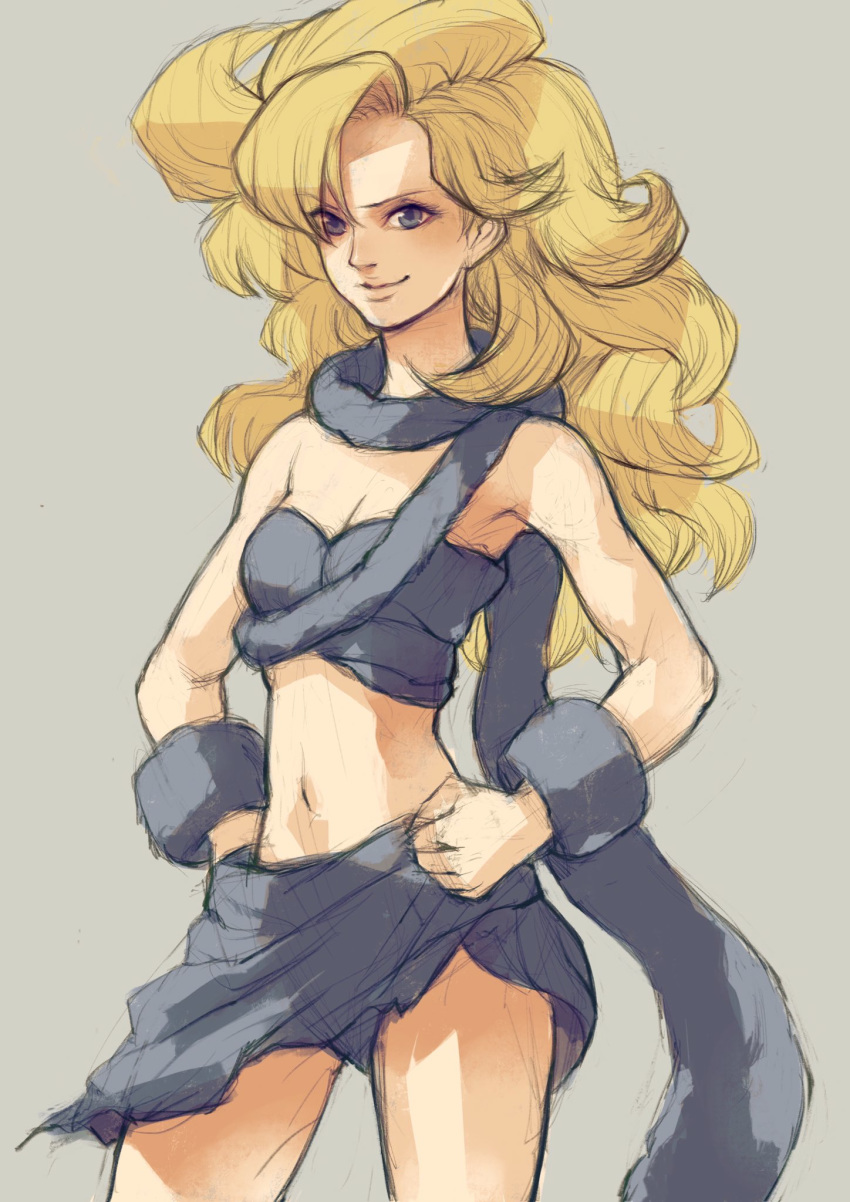 1girl, ayla_(chrono_trigger), blonde_hair, blue_eyes, breasts, chrono_trigger, closed_mouth, curly_hair