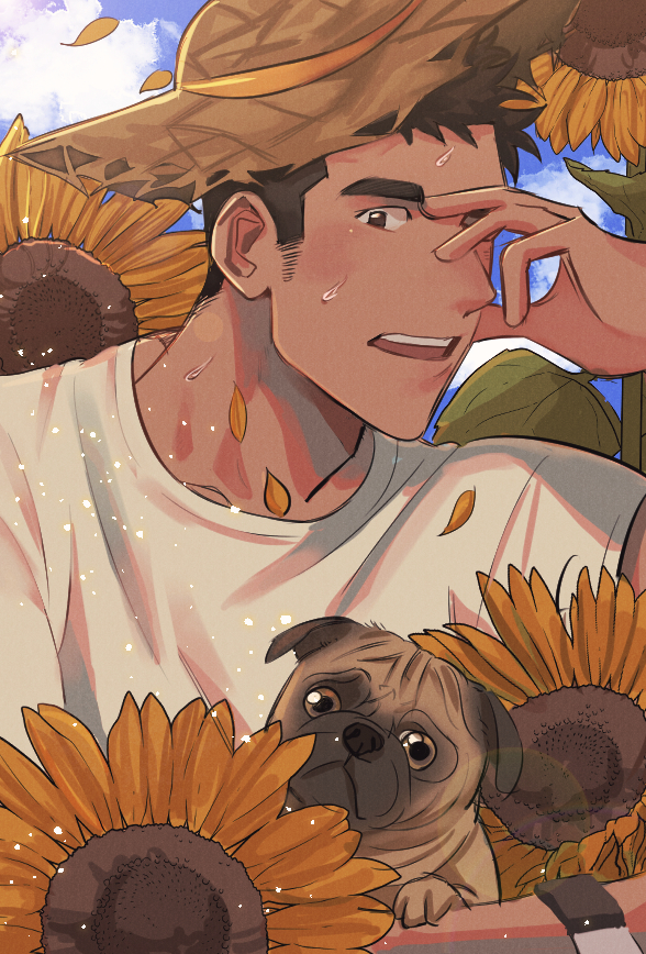 1boy, animal, bara, blush, brk_603, brown_eyes, brown_hair, close-up